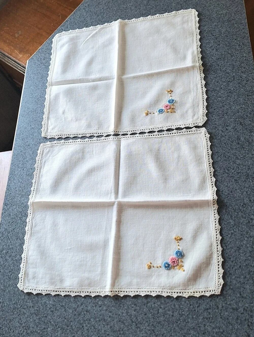 Vintage Handmade Embroidered Floral Napkins With Crochet Edges, Set of 4